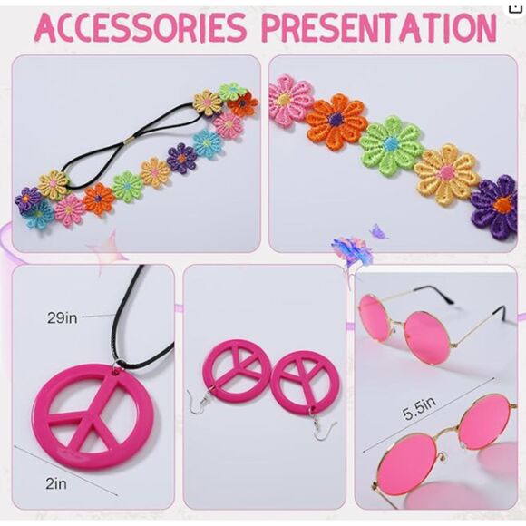 Pink HIPPIE Outfit Lg Fringe Vest Headband Peace necklace & Earrings Sunglasses - Picture 3 of 7